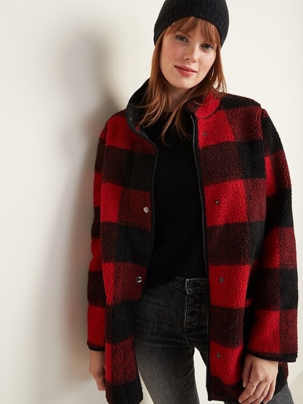 Old Navy - Women’s Buffalo Check Plaid Sherpa Coat w/ Zipper & Buttons - Small